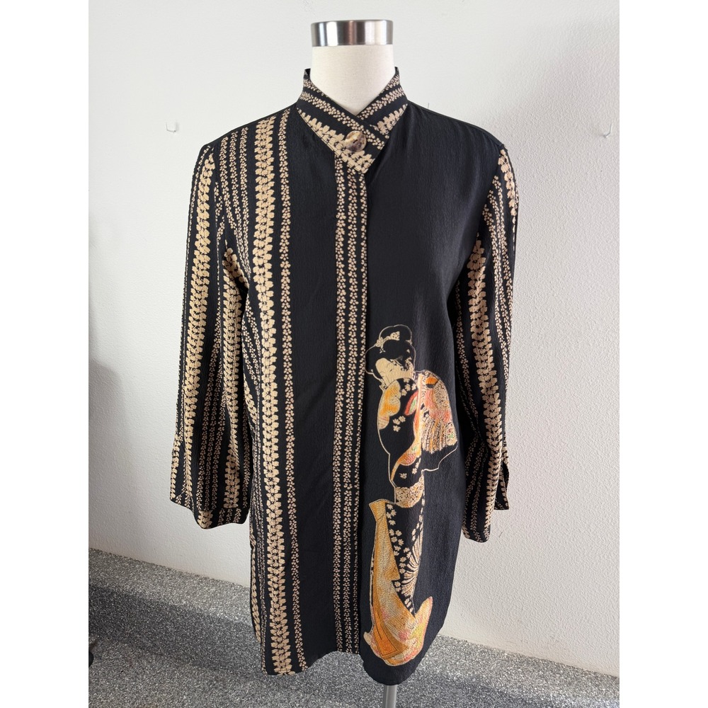Citron Santa Monica Women Medium 100% Silk Blouse Geisha Graphic Mandarin Collar